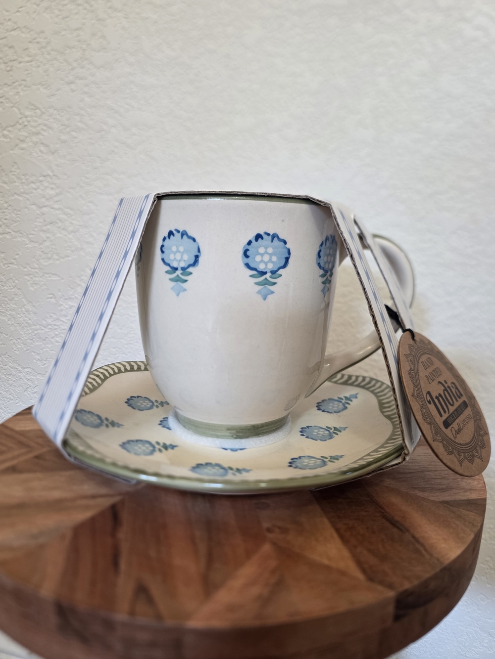 Made In India Artisan Blue Floral Ceramic Teacup and Saucer Set